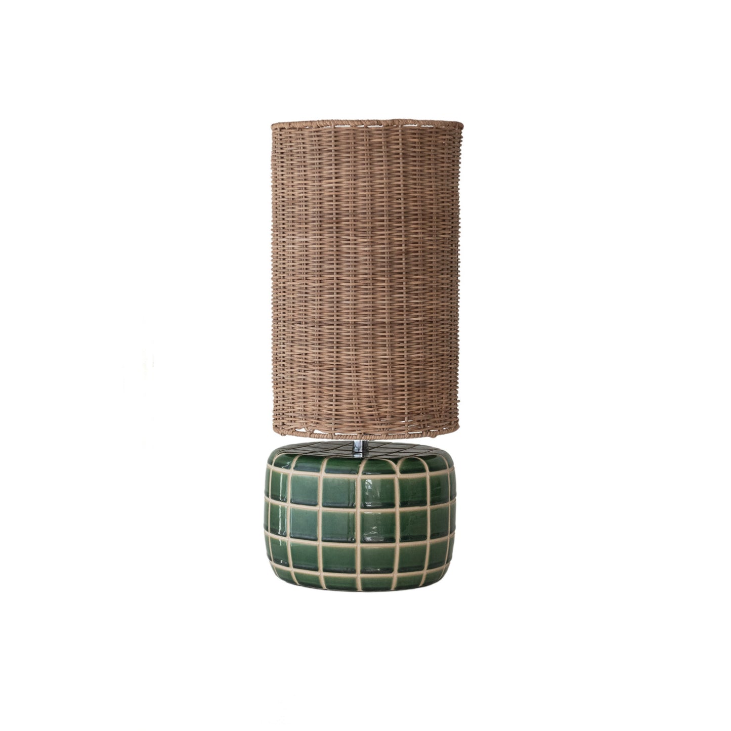 Ceramic Tiled Table Lamp with Hand-Woven Rattan Shade