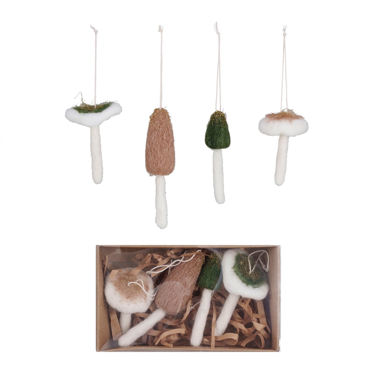 Wool Mushroom Ornaments w/ Gold Glitter, Boxed Set of 4