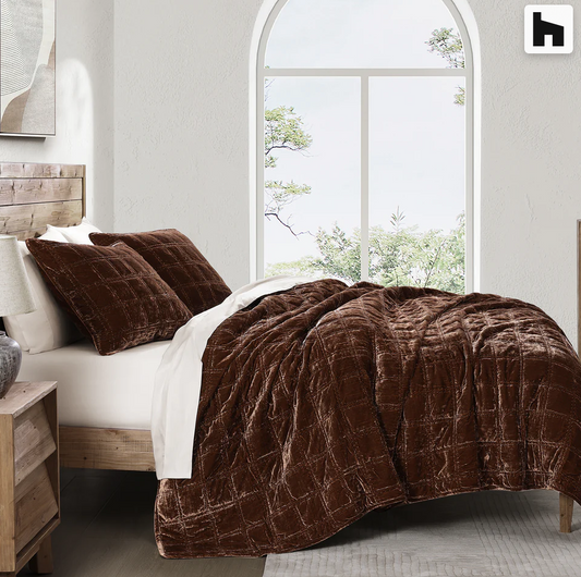 Stella Faux Silk Velvet Double Box Stich Quilt Set