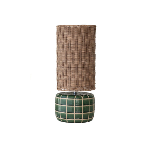 Ceramic Tiled Table Lamp with Hand-Woven Rattan Shade